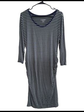 Liz Lange Maternity Large Navy & Green Striped Ruched Bodycon Long Sleeve Dress